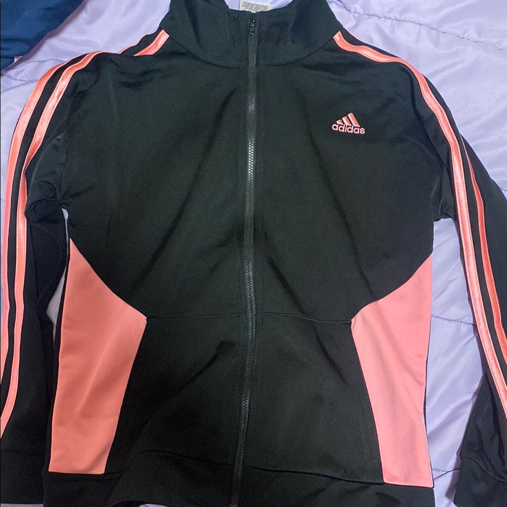 Adidas Black and Pink Track Jacket with Signature Stripes